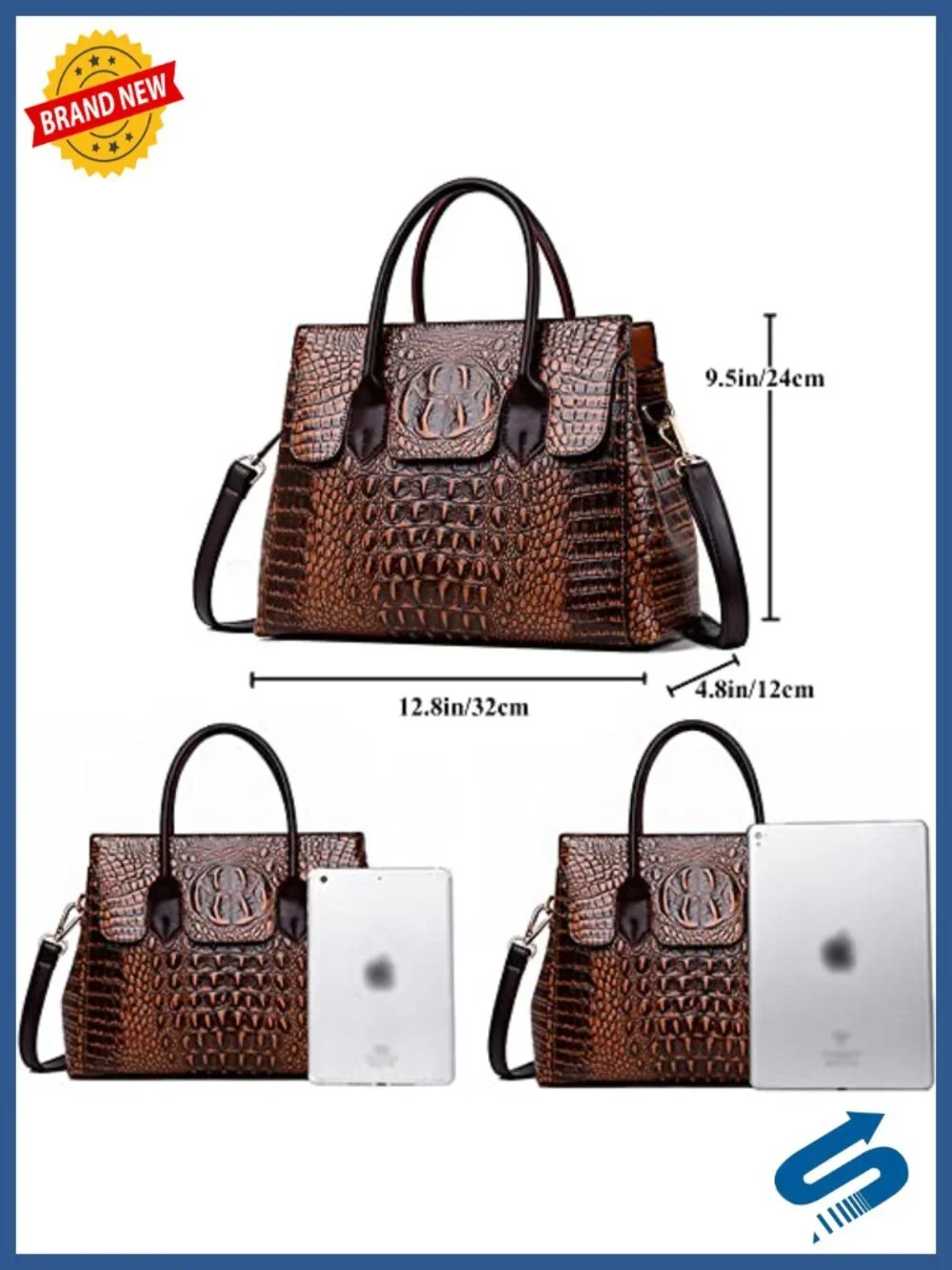 Faux Leather Crocodile Embossed Satchel Handbag Top-Handle Shoulder Bag